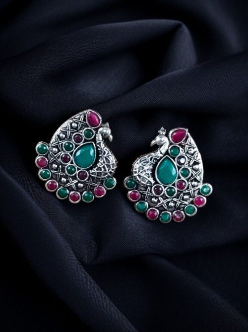Handcrafted Silver Plated Peacock Stud Earrings with Intricate Stone Work – Elegant Ethnic Jewelry for Women.