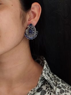 Handcrafted Silver Plated Peacock Stud Earrings with Intricate Stone Work – Elegant Ethnic Jewelry for Women.