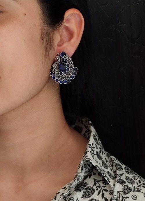 Handcrafted Silver Plated Peacock Stud Earrings with Intricate Stone Work – Elegant Ethnic Jewelry for Women.