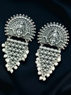 Traditional Maa Durga Earrings in oxidized silver with intricate detailing, perfect for religious and festive wear.