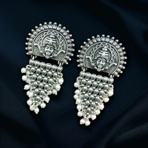 Traditional Maa Durga Earrings in oxidized silver with intricate detailing, perfect for religious and festive wear.