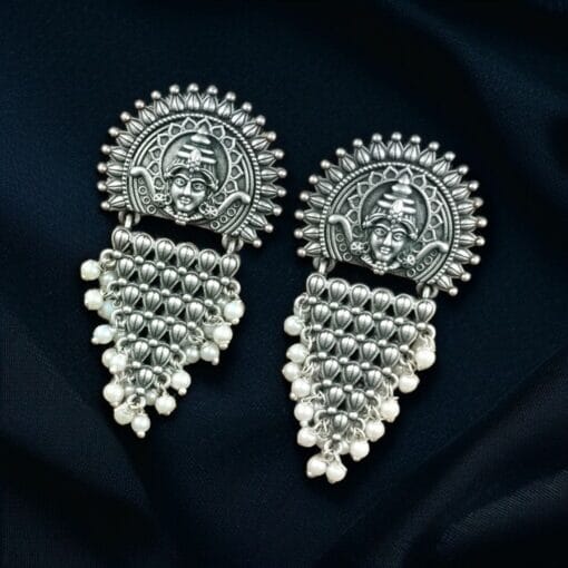 Traditional Maa Durga Earrings in oxidized silver with intricate detailing, perfect for religious and festive wear.