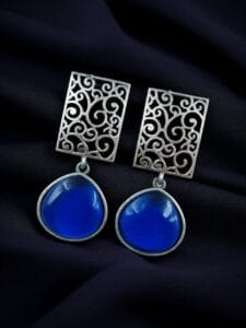 Handcrafted Floral Art Earrings | Amazing Monalisa Stone Dangler Oxidized Jewelry - color: "Blue"