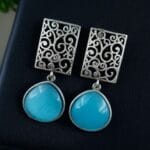 Handcrafted Floral Art Earrings | Amazing Monalisa Stone Dangler Oxidized Jewelry - "Aqua"
