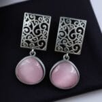 Handcrafted Floral Art Earrings | Amazing Monalisa Stone Dangler Oxidized Jewelry - "Baby Pink"