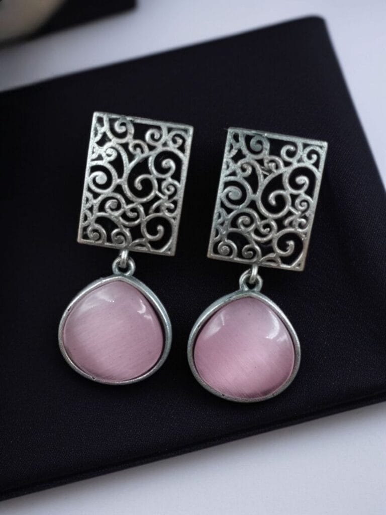 Bulk 852 Handcrafted Floral Art Earrings | Amazing Monalisa Stone Dangler Oxidized Jewelry - "Baby Pink"