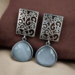 Handcrafted Floral Art Earrings | Amazing Monalisa Stone Dangler Oxidized Jewelry - "Grey"