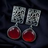 Handcrafted Floral Art Earrings with Monalisa Stone – Oxidized Silver Dangler Jewelry for Women.
