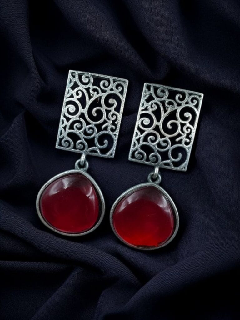 Bulk 856 Handcrafted Floral Art Earrings | Amazing Monalisa Stone Dangler Oxidized Jewelry - "Red"