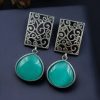 Handcrafted Floral Art Earrings with Monalisa Stone – Oxidized Silver Dangler Jewelry for Women.