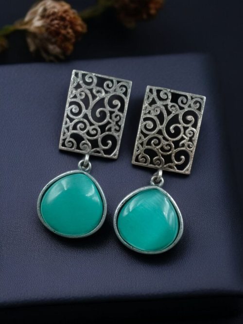 Handcrafted Floral Art Earrings with Monalisa Stone – Oxidized Silver Dangler Jewelry for Women.