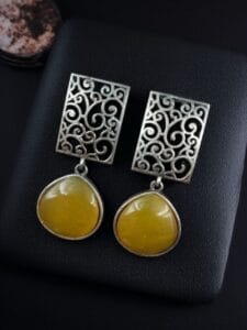Handcrafted Floral Art Earrings | Amazing Monalisa Stone Dangler Oxidized Jewelry - color: "Yellow"