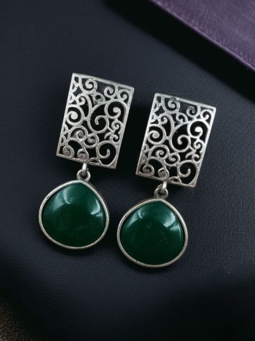 Handcrafted Floral Art Earrings with Monalisa Stone – Oxidized Silver Dangler Jewelry for Women.