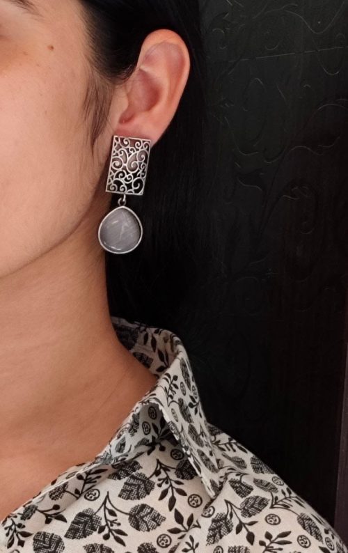 Handcrafted Floral Art Earrings with Monalisa Stone – Oxidized Silver Dangler Jewelry for Women.