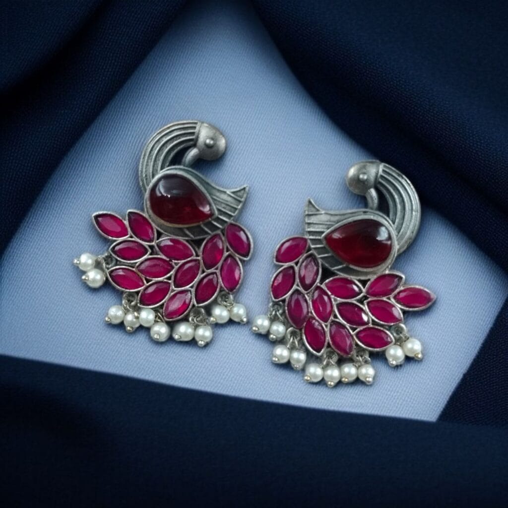Bulk 818 Oxidized Peacock Earrings with Monalisa Stone and Pearl – Best Traditional Ethnic Jewelry - "Red"