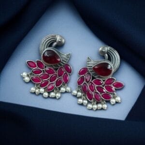 Oxidized Peacock Earrings with Monalisa Stone and Pearl – Best Traditional Ethnic Jewelry - color: "Red"