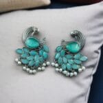 Oxidized Peacock Earrings with Monalisa Stone and Pearl – Best Traditional Ethnic Jewelry - "Mint"