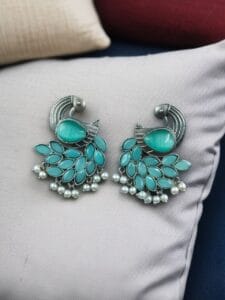 Oxidized Peacock Earrings with Monalisa Stone and Pearl – Best Traditional Ethnic Jewelry - color: "Mint"
