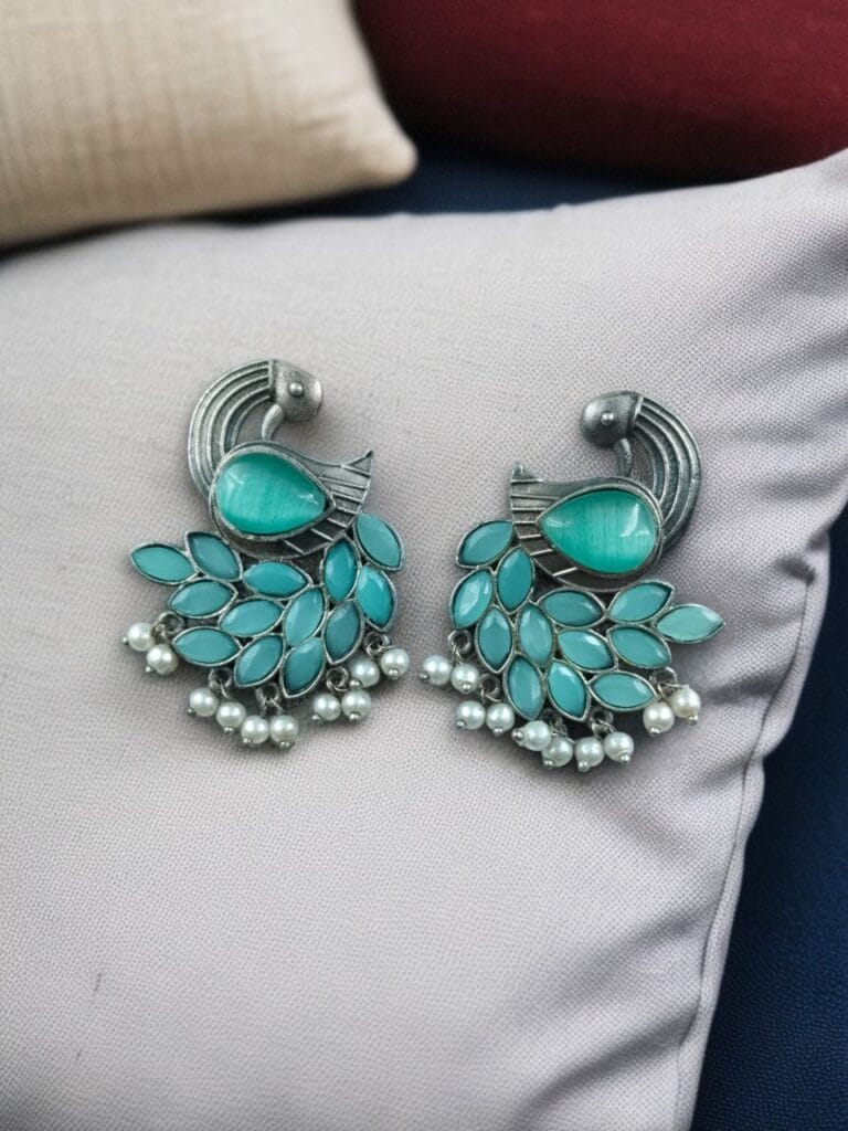 Bulk 820 Oxidized Peacock Earrings with Monalisa Stone and Pearl – Best Traditional Ethnic Jewelry - "Mint"