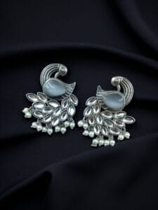 Oxidized Peacock Earrings with Monalisa Stone and Pearl – Best Traditional Ethnic Jewelry - color: "Grey"
