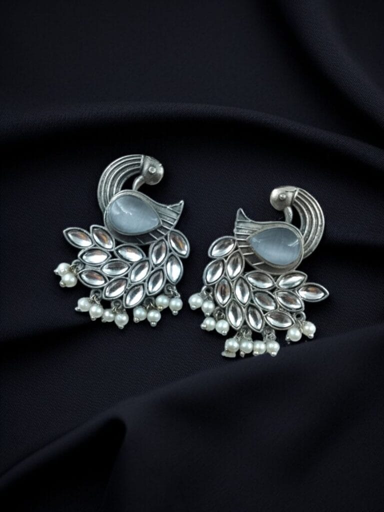 Bulk 824 Oxidized Peacock Earrings with Monalisa Stone and Pearl – Best Traditional Ethnic Jewelry - "Grey"
