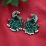 Oxidized Peacock Earrings with Monalisa Stone and Pearl – Best Traditional Ethnic Jewelry - "Green"