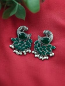Oxidized Peacock Earrings with Monalisa Stone and Pearl – Best Traditional Ethnic Jewelry - color: "Green"