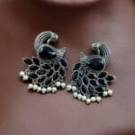 Oxidized Peacock Earrings with Monalisa Stone and Pearl – Best Traditional Ethnic Jewelry - "Black"