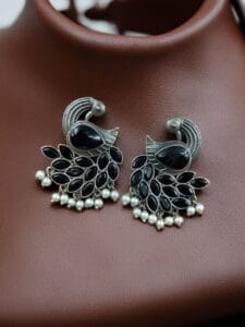 Oxidized Peacock Earrings with Monalisa Stone and Pearl – Best Traditional Ethnic Jewelry - color: "Black"