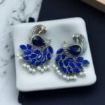 Oxidized Peacock Earrings with Monalisa Stone and Pearl – Best Traditional Ethnic Jewelry - "Blue"
