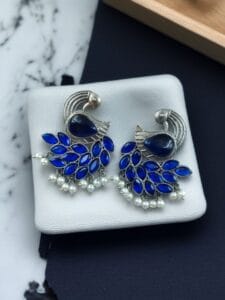 Oxidized Peacock Earrings with Monalisa Stone and Pearl – Best Traditional Ethnic Jewelry - color: "Blue"
