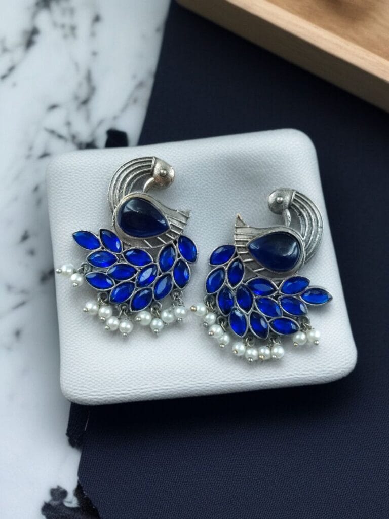 Bulk 814 Oxidized Peacock Earrings with Monalisa Stone and Pearl – Best Traditional Ethnic Jewelry - "Blue"