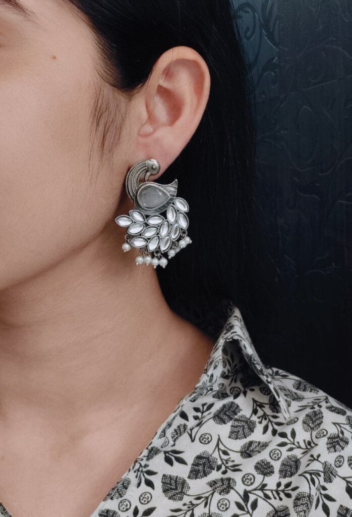 Oxidized Peacock Earrings with Monalisa Stone and Pearl – Best Traditional Ethnic Jewelry