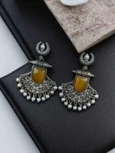 Silver Replica Oxidized Half Moon Dangler Earrings with Unique Pearl & Floral Art - color: "Yellow"