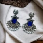 Silver Replica Oxidized Half Moon Dangler Earrings with Unique Pearl & Floral Art - "Blue"