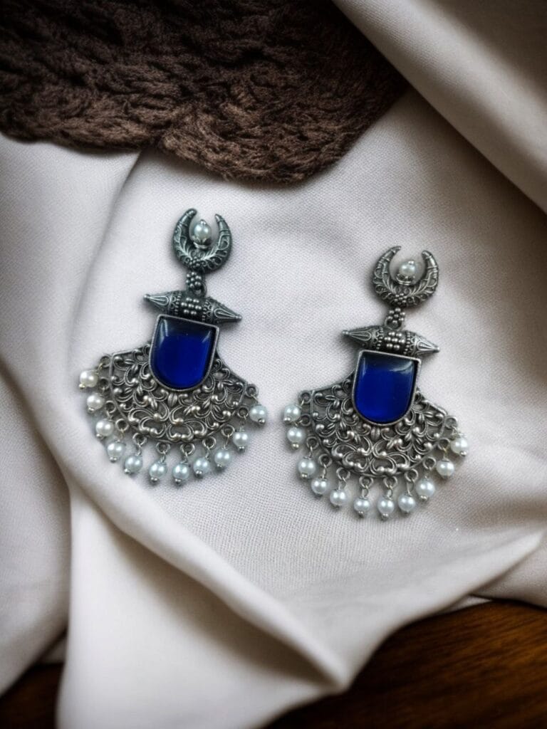 Bulk 808 Silver Replica Oxidized Half Moon Dangler Earrings with Unique Pearl & Floral Art - "Blue"