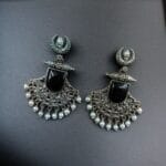 Silver Replica Oxidized Half Moon Dangler Earrings with Unique Pearl & Floral Art - "Black"