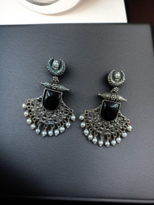 Oxidized half moon earrings with floral design, pearl, and Monalisa stone.