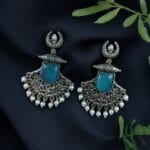 Silver Replica Oxidized Half Moon Dangler Earrings with Unique Pearl & Floral Art - "Aqua"