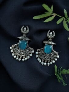 Silver Replica Oxidized Half Moon Dangler Earrings with Unique Pearl & Floral Art - color: "Aqua"