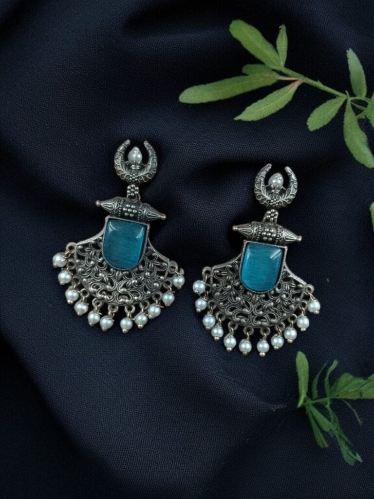 Bulk 802 Silver Replica Oxidized Half Moon Dangler Earrings with Unique Pearl & Floral Art - "Aqua"