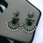 Bulk 232 Silver Replica Oxidized Half Moon Dangler Earrings with Unique Pearl & Floral Art - "Green"