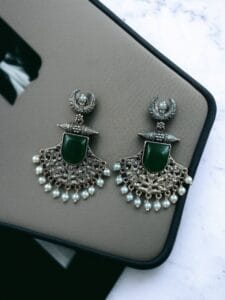 Silver Replica Oxidized Half Moon Dangler Earrings with Unique Pearl & Floral Art - color: "Green"