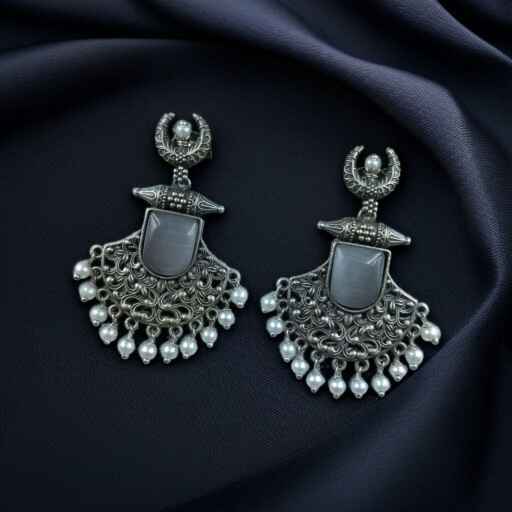 Bulk 800 Silver Replica Oxidized Half Moon Dangler Earrings with Unique Pearl & Floral Art - "Grey"