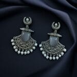 Silver Replica Oxidized Half Moon Dangler Earrings with Unique Pearl & Floral Art - "Grey"