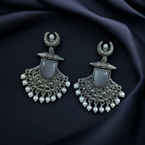 Oxidized half moon earrings with floral design, pearl, and Monalisa stone.