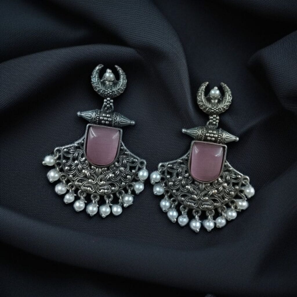 Bulk 798 Silver Replica Oxidized Half Moon Dangler Earrings with Unique Pearl & Floral Art - "Baby Pink"