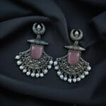 Silver Replica Oxidized Half Moon Dangler Earrings with Unique Pearl & Floral Art - "Baby Pink"