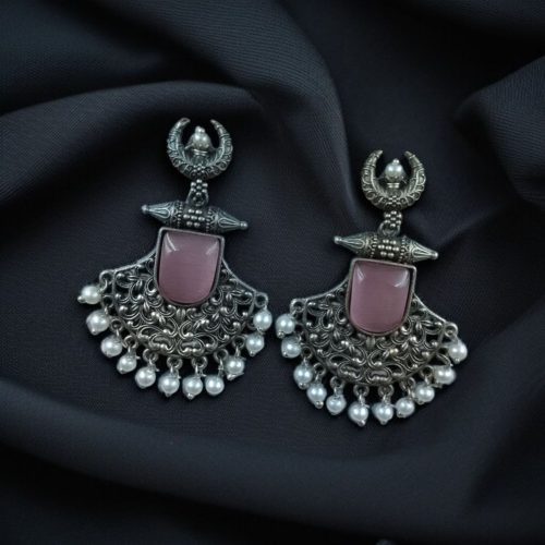 Oxidized half moon earrings with floral design, pearl, and Monalisa stone.