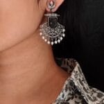 Silver Replica Oxidized Half Moon Dangler Earrings with Unique Pearl & Floral Art